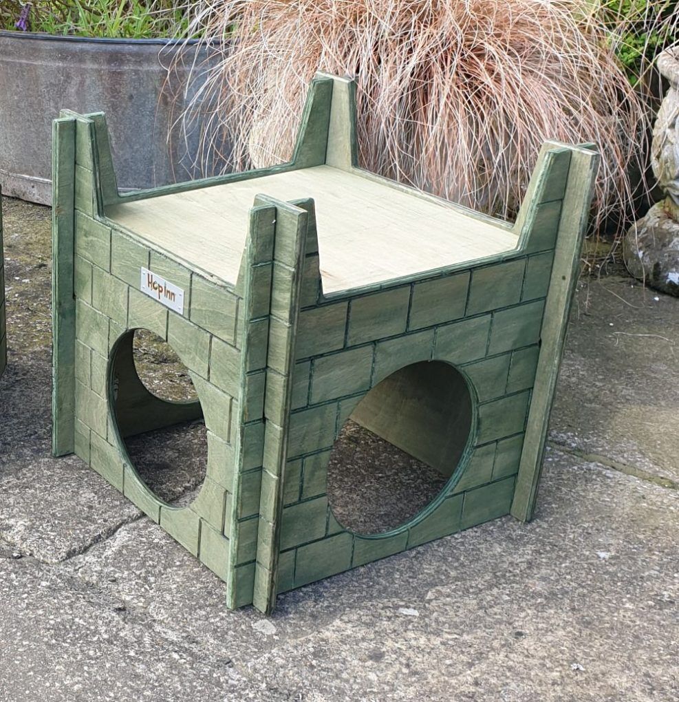 Wooden Rabbit Castle - 3 Way Entrance - Bricked Faced (Moss Green)